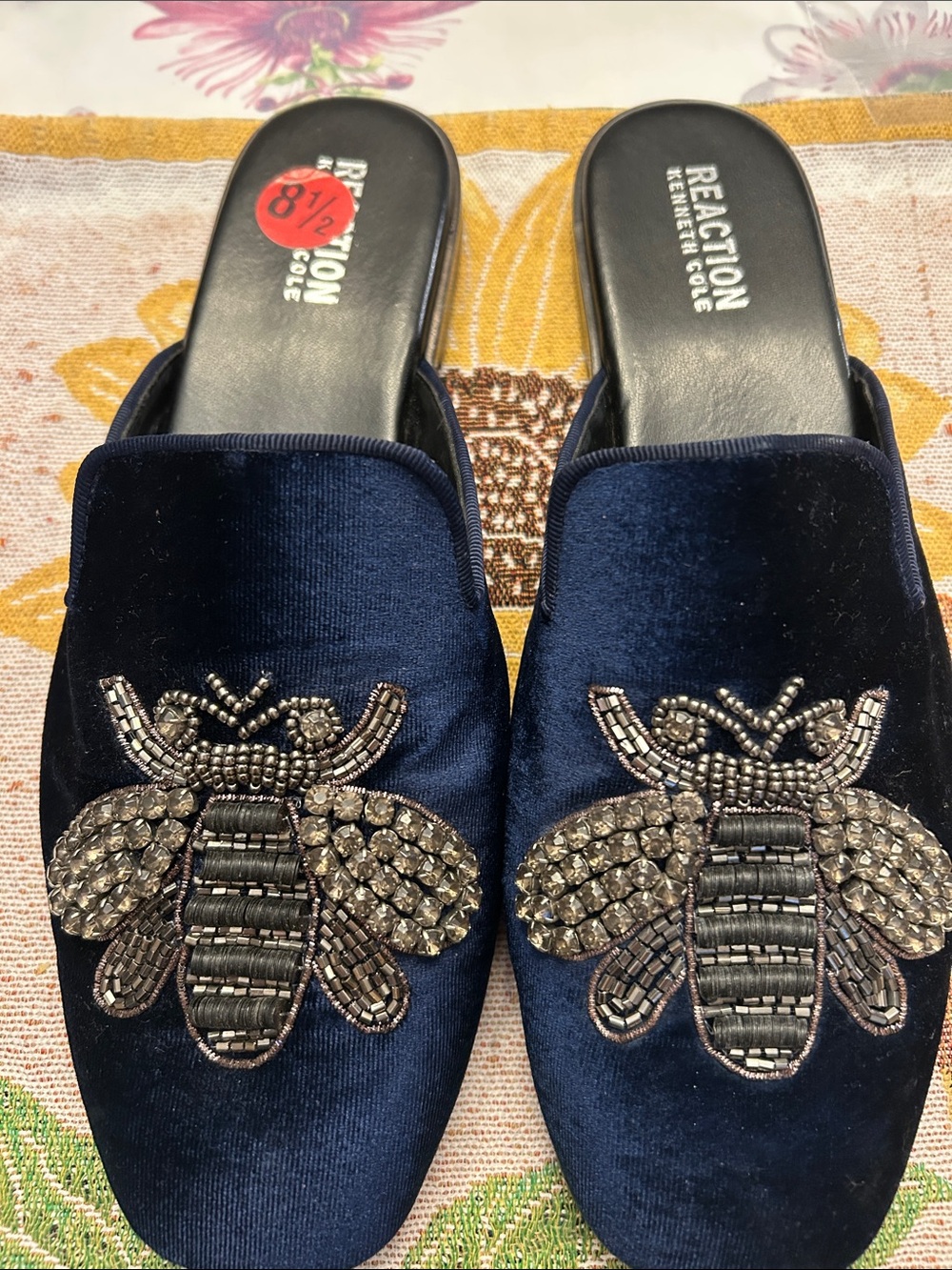 Kenneth Cole Reaction Navy Velvet Slide Mules with Beaded Bee